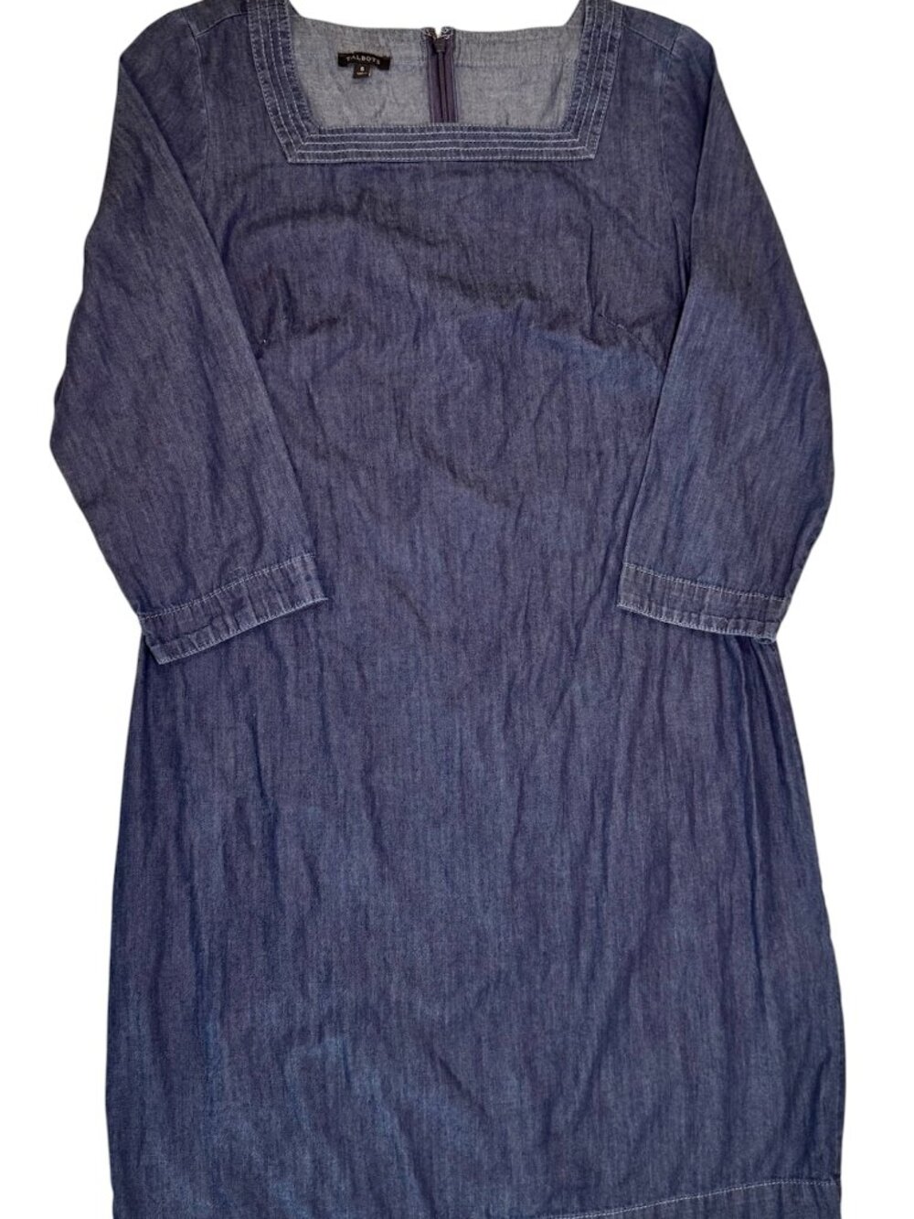 Talbots Square Neck 3/4 Sleeve Blue Denim Dress Sz 6 Momcore Casual Minimalist